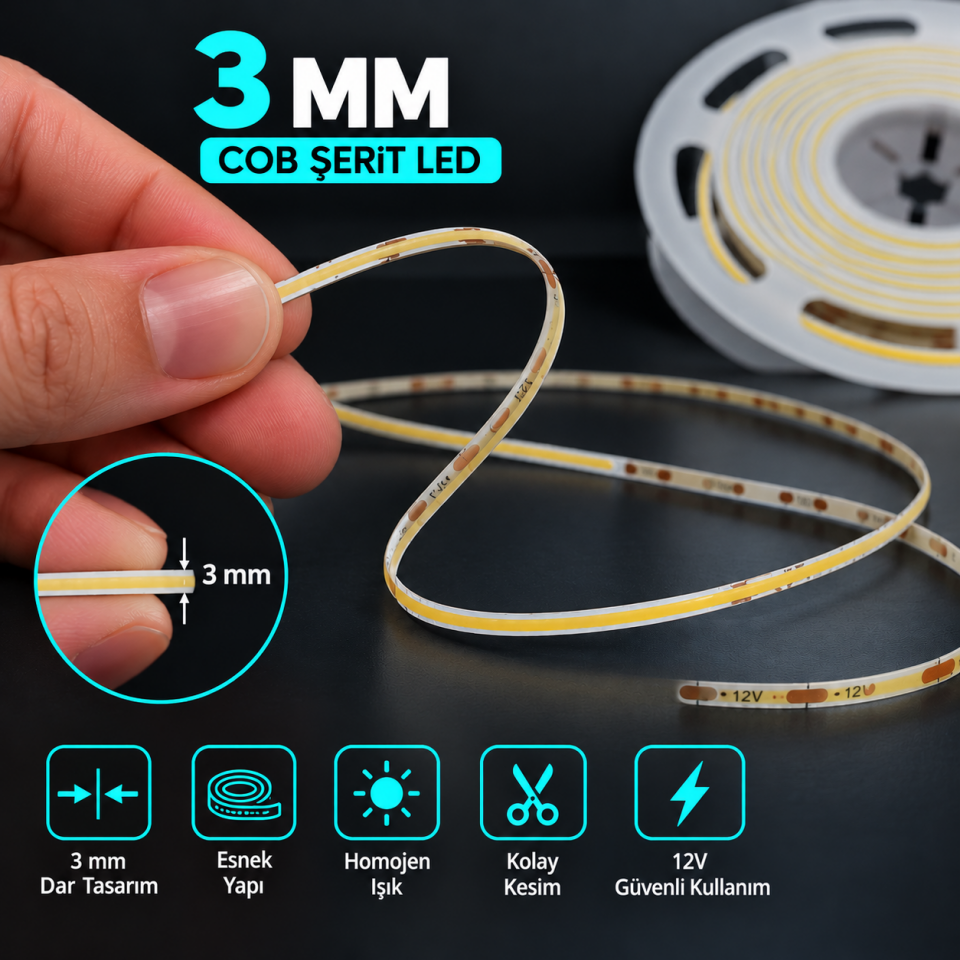 12 Volt 3 mm 400 LED’li Esnek COB Şerit LED 5 Metre