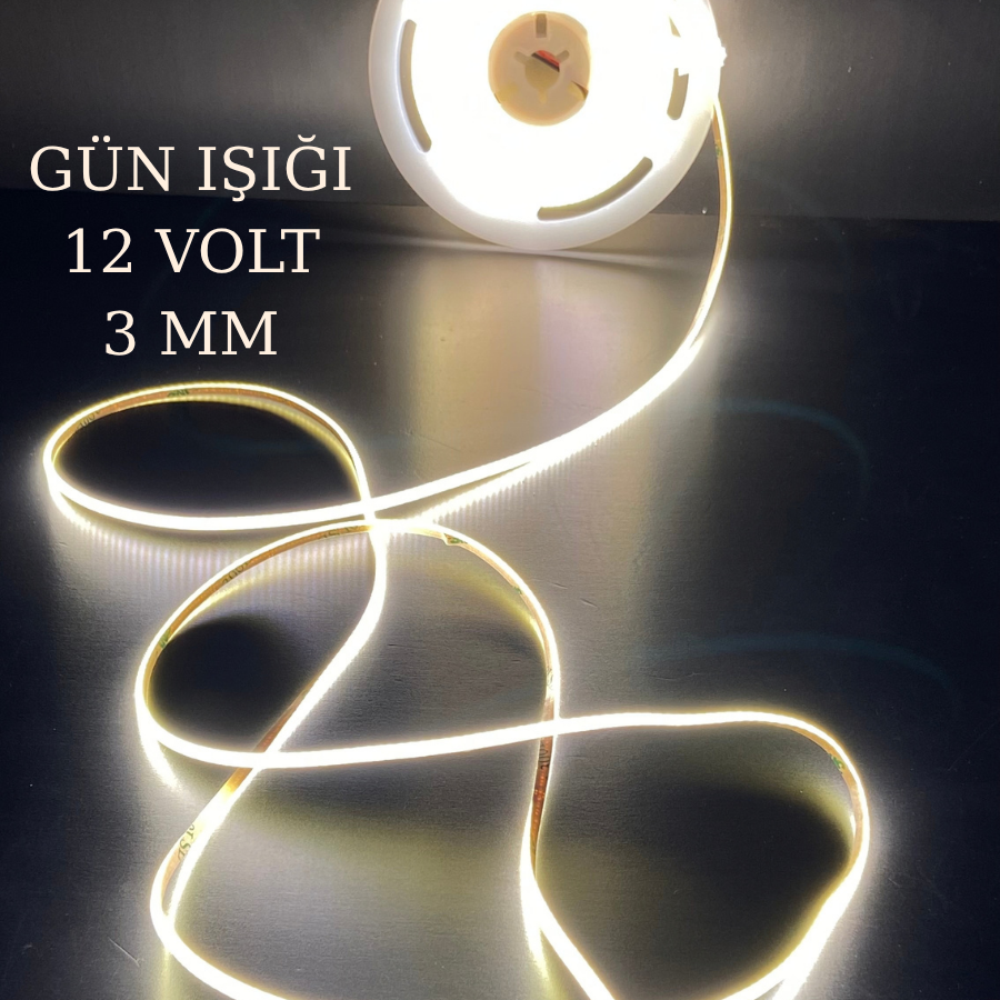 12 Volt 3 mm 400 LED’li Esnek COB Şerit LED 5 Metre