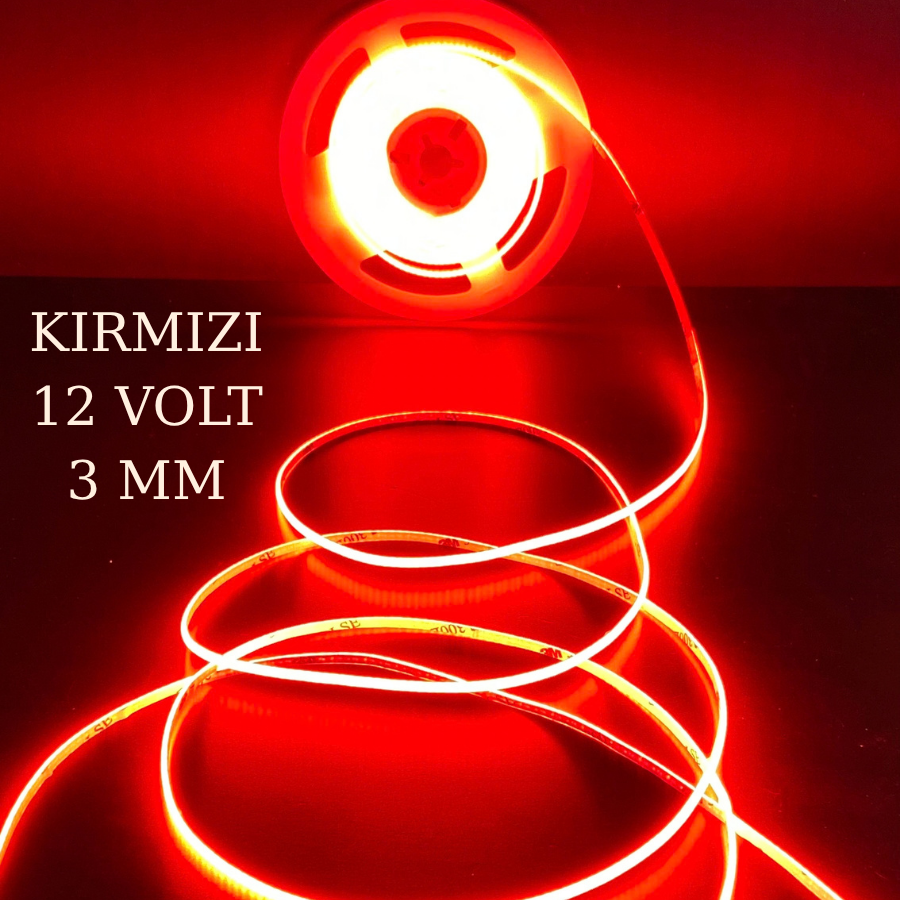 12 Volt 3 mm 400 LED’li Esnek COB Şerit LED 5 Metre Kırmızı - 5