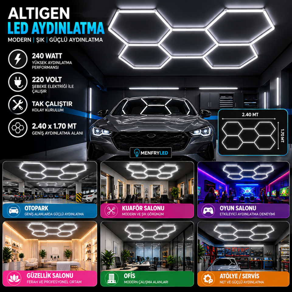 Altıgen LED Armatür Bal Petek Tavan Aydınlatma 2.4-1.7 Metre 240W 220V Tak Çalıştır