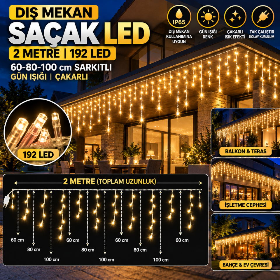Dış Mekan Saçak LED 2 MT. 192 LED 60-80-100 cm Sarkıtlı Gün Işığı Çakarlı IP65