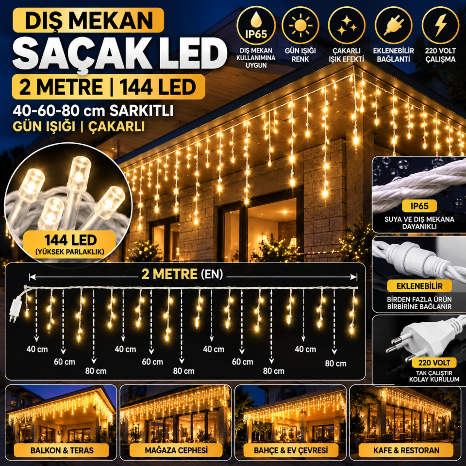 Dış Mekan Saçak LED 2 Metre 40-60-80 cm Sarkıt 144 LED Gün Işığı Çakarlı Eklenebilir IP65 220V