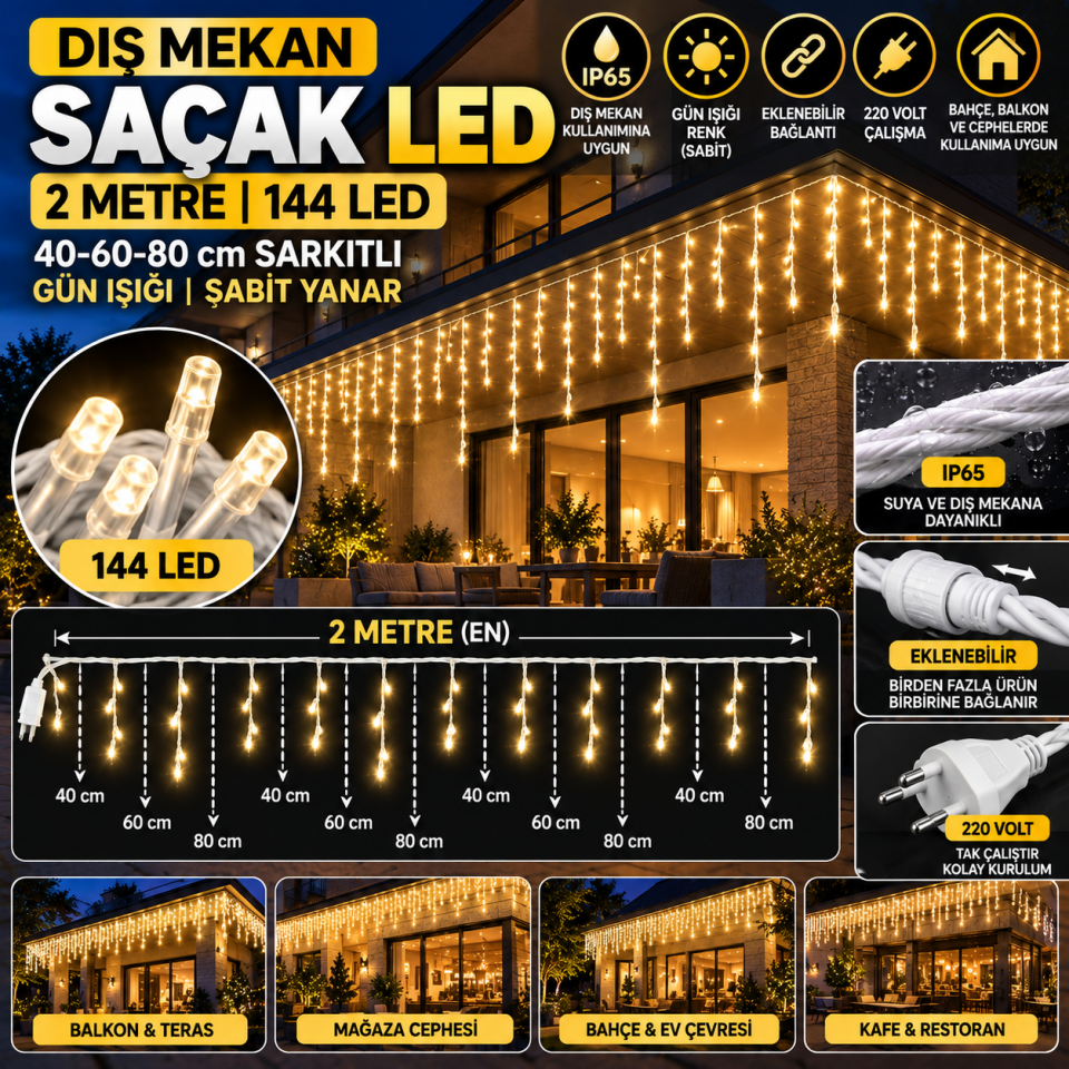 Dış Mekan Saçak LED 2 Metre 144 LED 40-60-80 cm Sarkıtlı Gün Işığı Sabit IP65