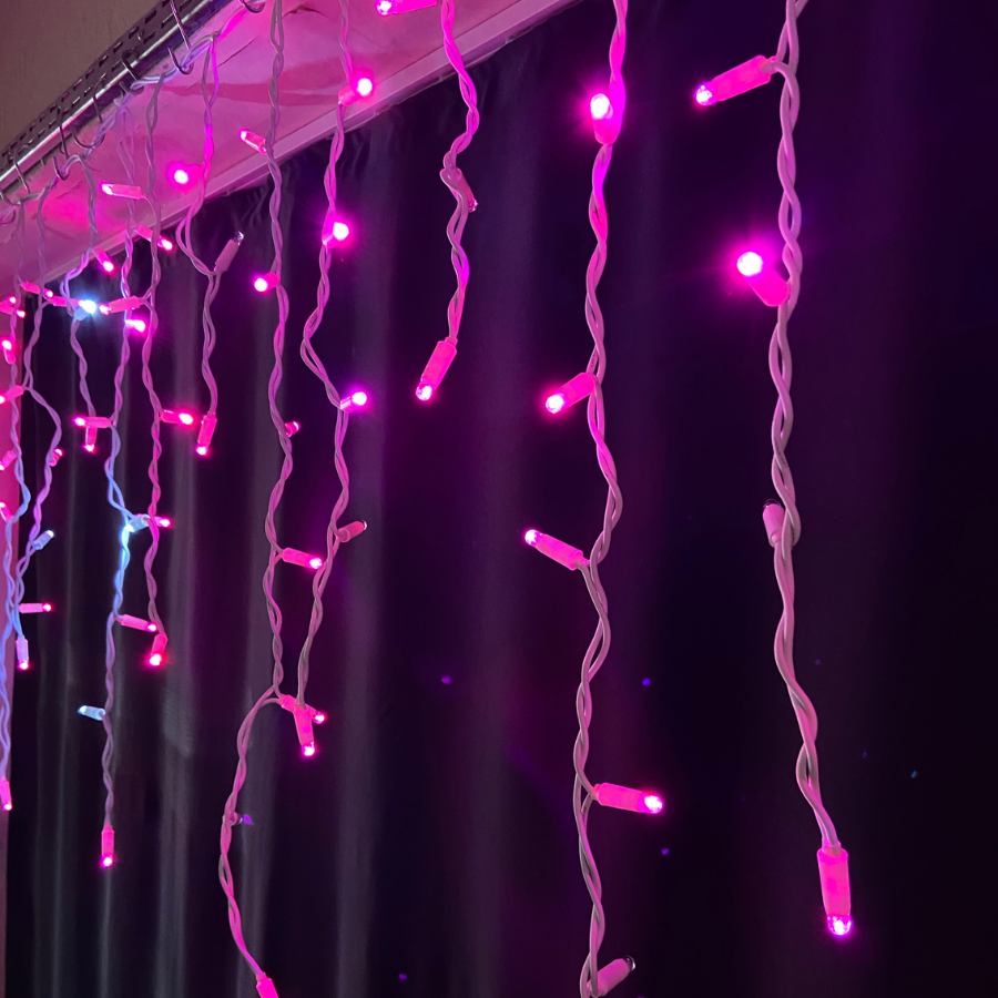 Dış Mekan Saçak LED 2 Metre 30-50-70 cm Sarkıt 92 LED Lila Çakarlı Beyaz Kablo 220V