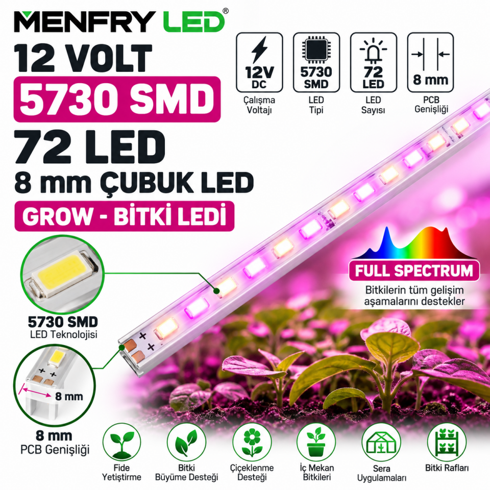 12 Volt 5730 SMD 72 LED 8 mm Grow Çubuk LED Bitki Ledi