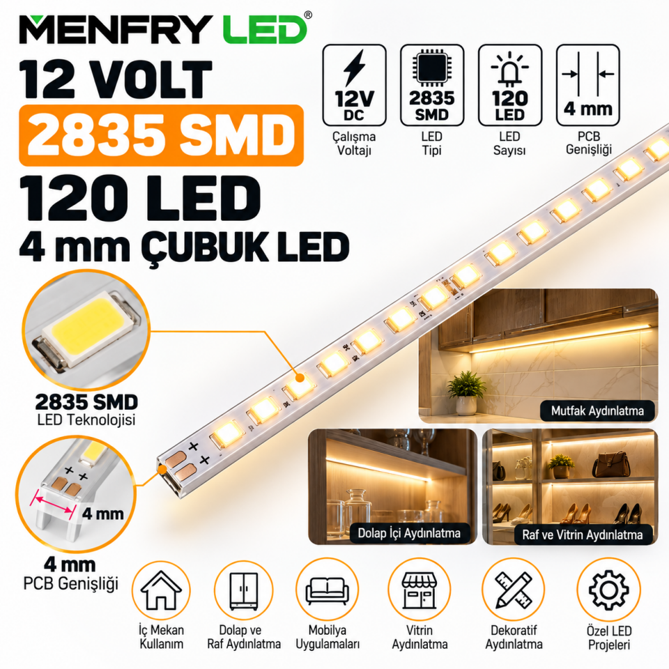 12 Volt 2835 SMD 120 LED 4 mm İnce Çubuk Bar LED Gün Işığı