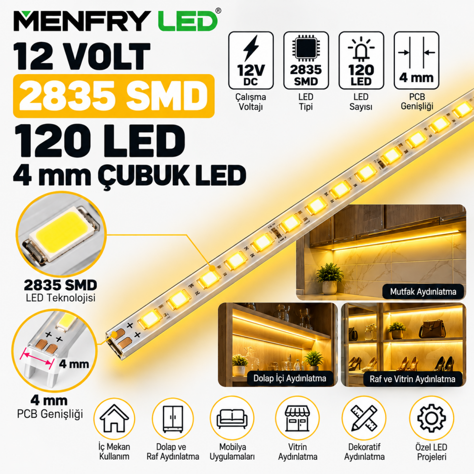 12 Volt 2835 SMD 120 LED 4 mm İnce Çubuk Bar LED Sarı