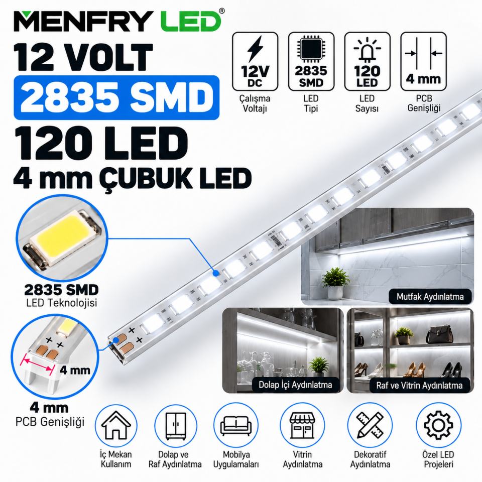 12 Volt 2835 SMD 120 LED 4 mm İnce Çubuk Bar LED Beyaz