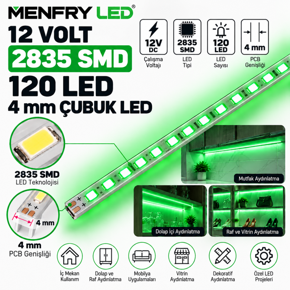 12 Volt 2835 SMD 120 LED 4 mm İnce Çubuk Bar LED Yeşil