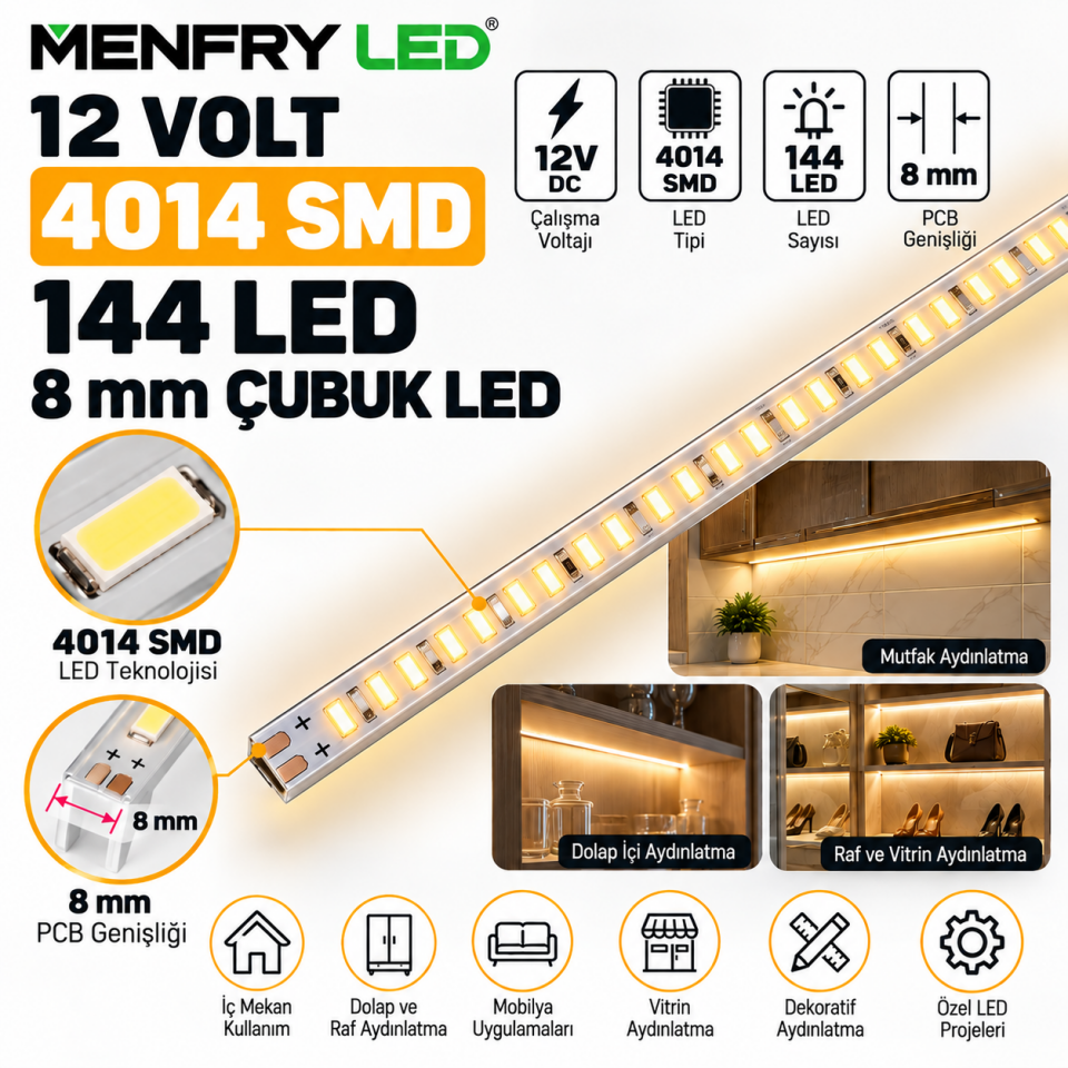 12 Volt 4014 SMD 144 LED 8 mm Çubuk Bar LED Gün Işığı 3000K