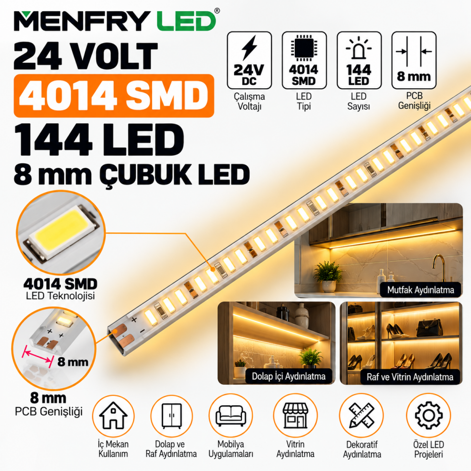 24V 4014 SMD Çubuk LED 144 LED 8 mm Gün Işığı 3000K