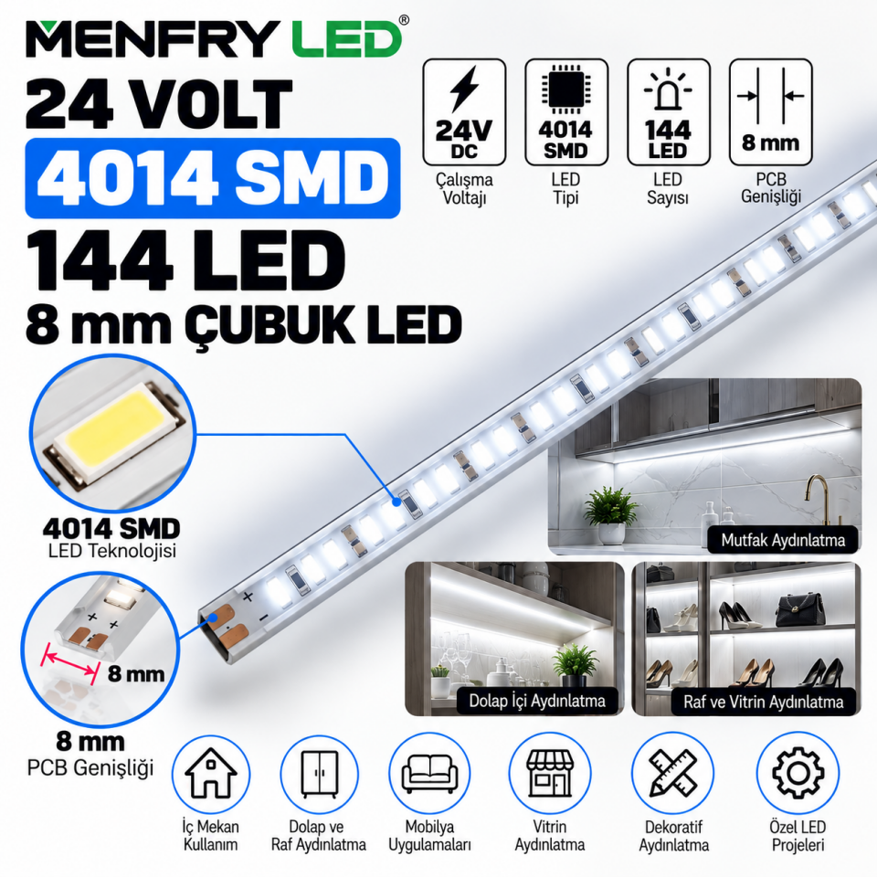 24V 4014 SMD Çubuk LED 144 LED 8 mm Gün Işığı Beyaz 6500K