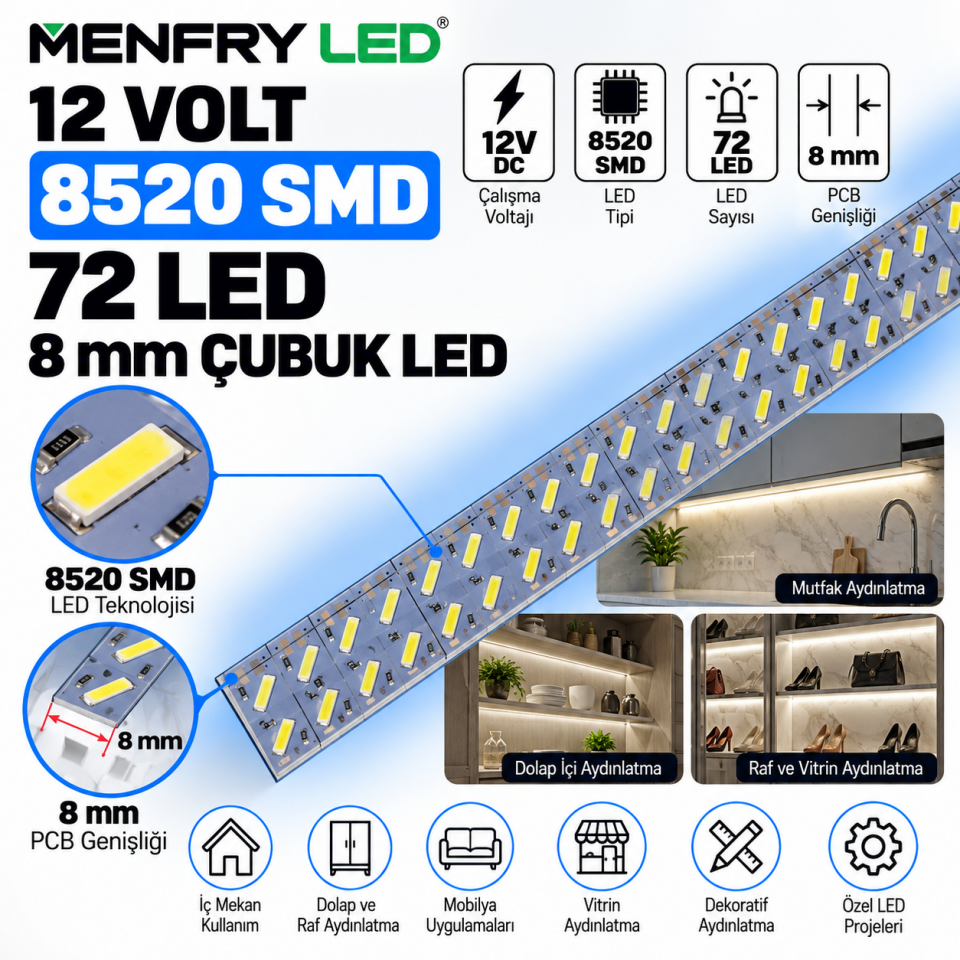 12V 8520 SMD Çubuk LED 72 LED 8 mm Soğuk Beyaz 10.000K
