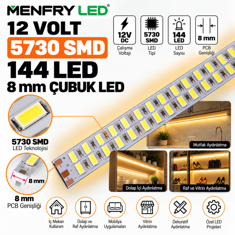 12V 5730 SMD Çubuk LED 144 LED 8 mm Gün Işığı 3000K