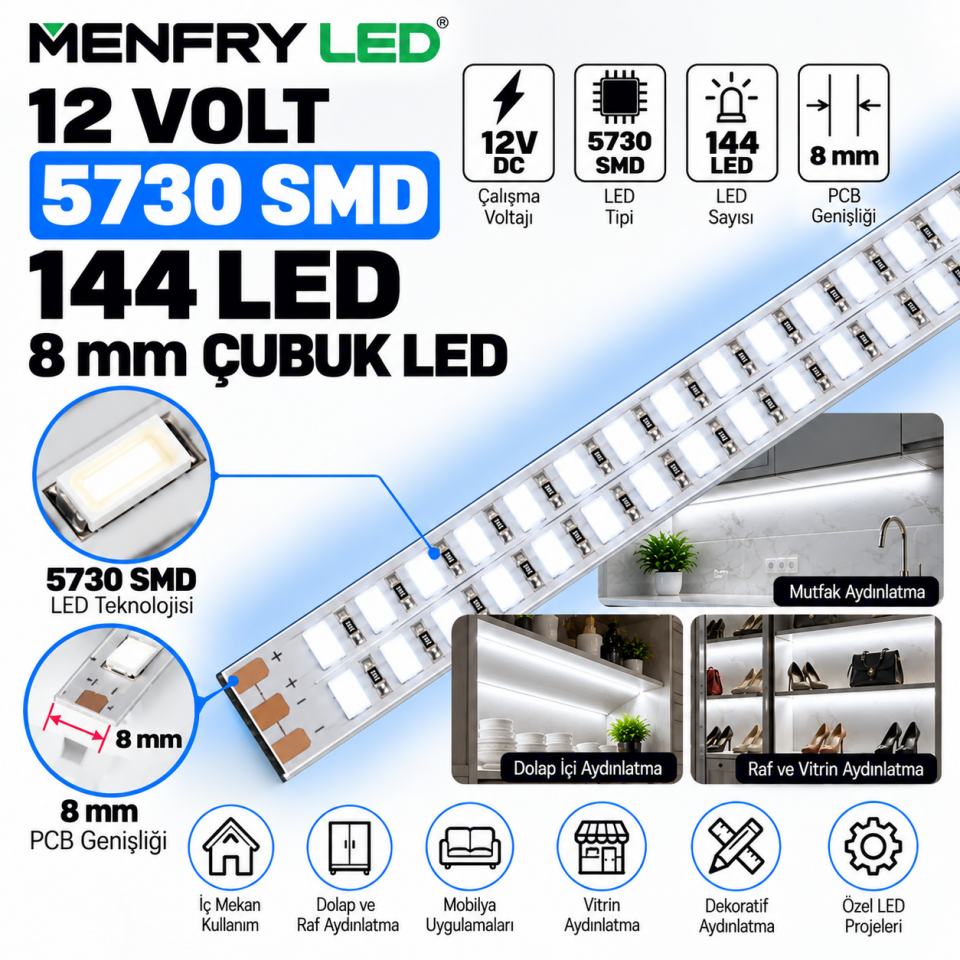 12V 5730 SMD Çubuk LED 144 LED 8 mm Beyaz 6500K