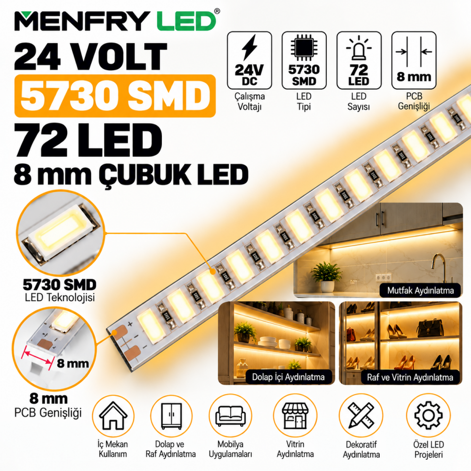 24V 5730 SMD Çubuk LED 72 LED 8 mm Gün Işığı 3000K