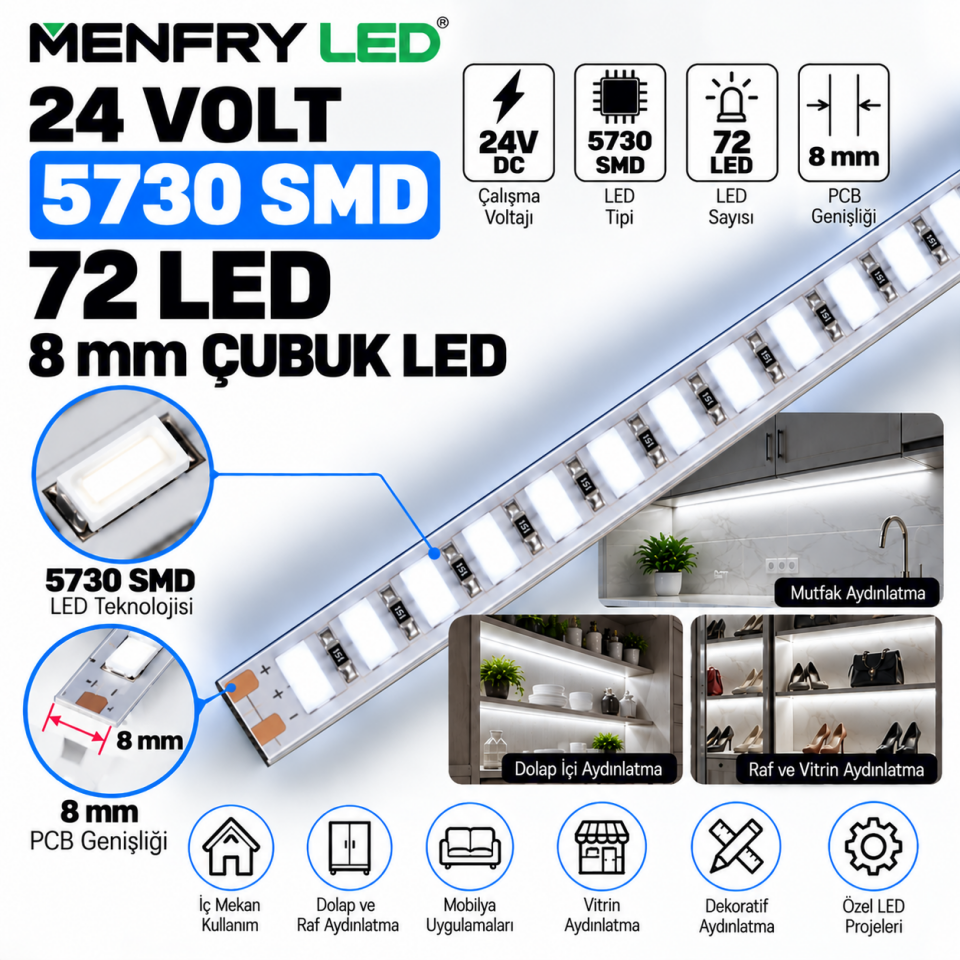 24V 5730 SMD Çubuk LED 72 LED 8 mm Beyaz 6500K