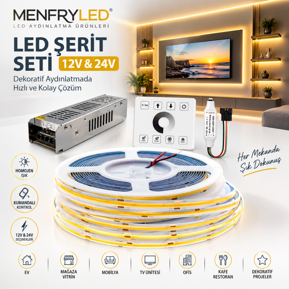 24V Piksel COB Şerit LED Seti Kumanda ve Trafolu
