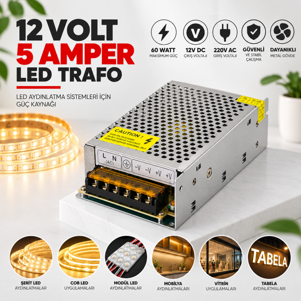 12 Volt 5 Amper 60W LED Trafo Adaptör Güç Kaynağı
