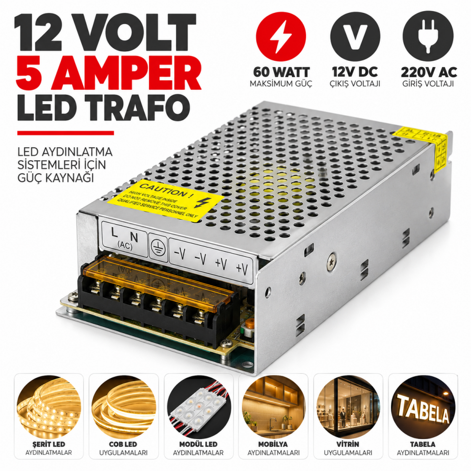 12 Volt 5 Amper 60W LED Trafo Adaptör Güç Kaynağı